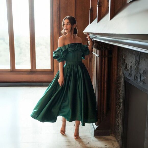 Mac Duggal 20706 Size 14 Green Satin Off The Shoulder Midi Tea Length Dress Gown - Picture 1 of 4